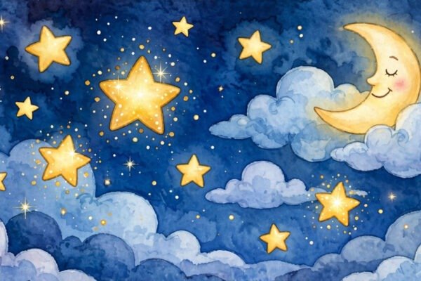 Child singing Twinkle Twinkle Little Star under a starry night sky