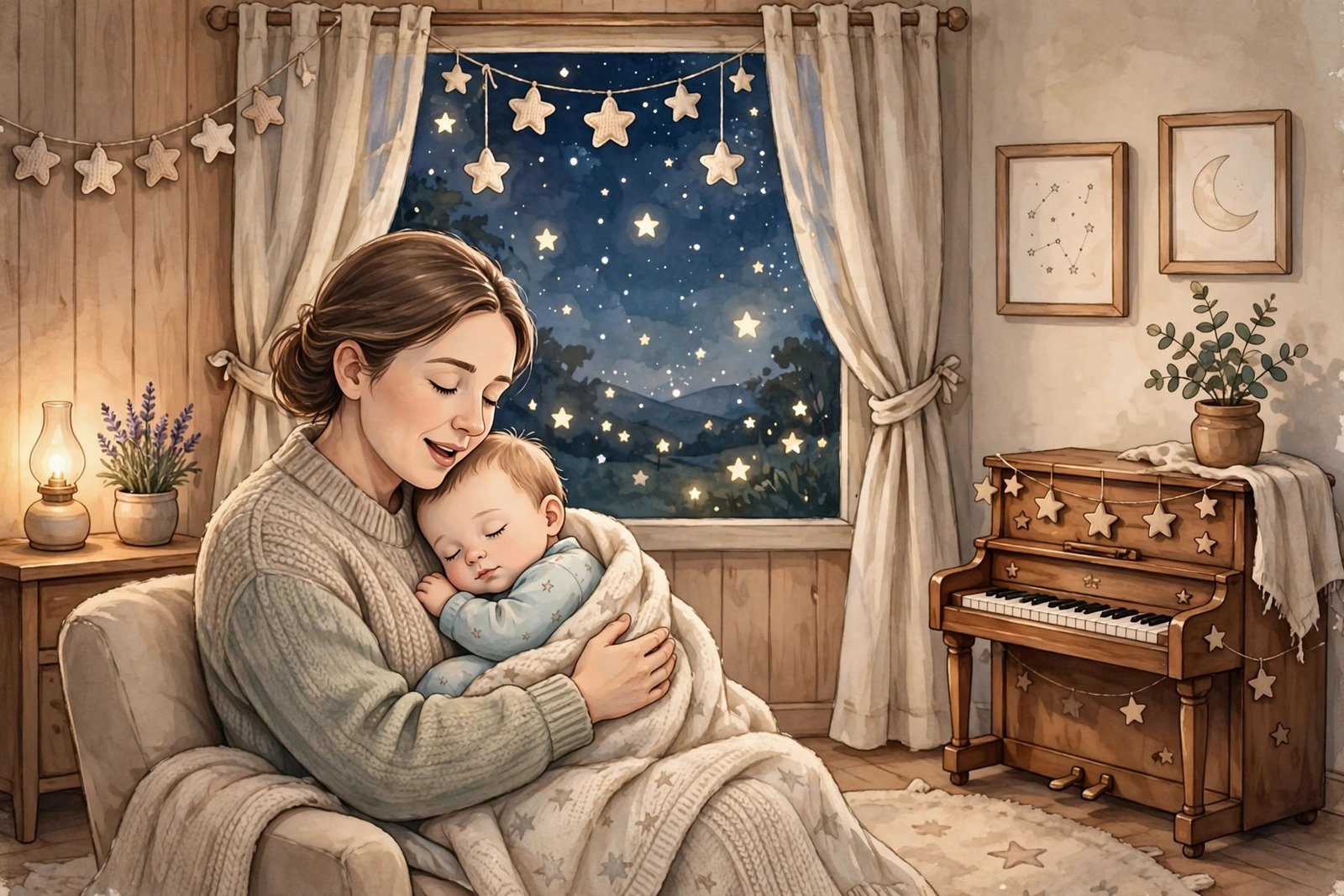 Open nursery rhyme book with stars illustration