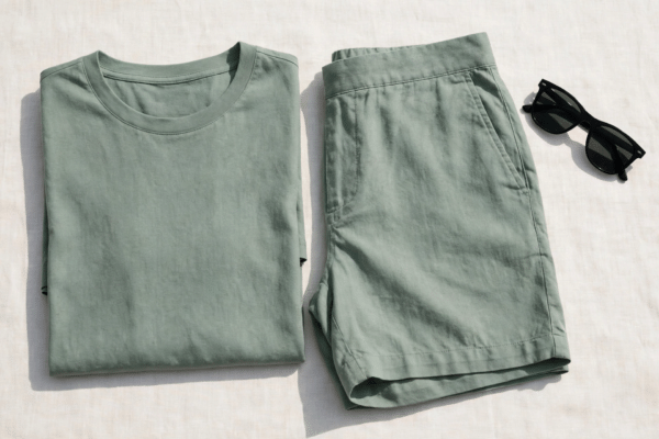 Folded men’s matching t-shirt and shorts co-ord set in sage green with sunglasses on a light background