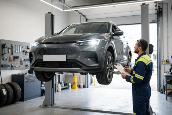 Car being inspected by a mechanic during an MOT test in a bright UK testing garage