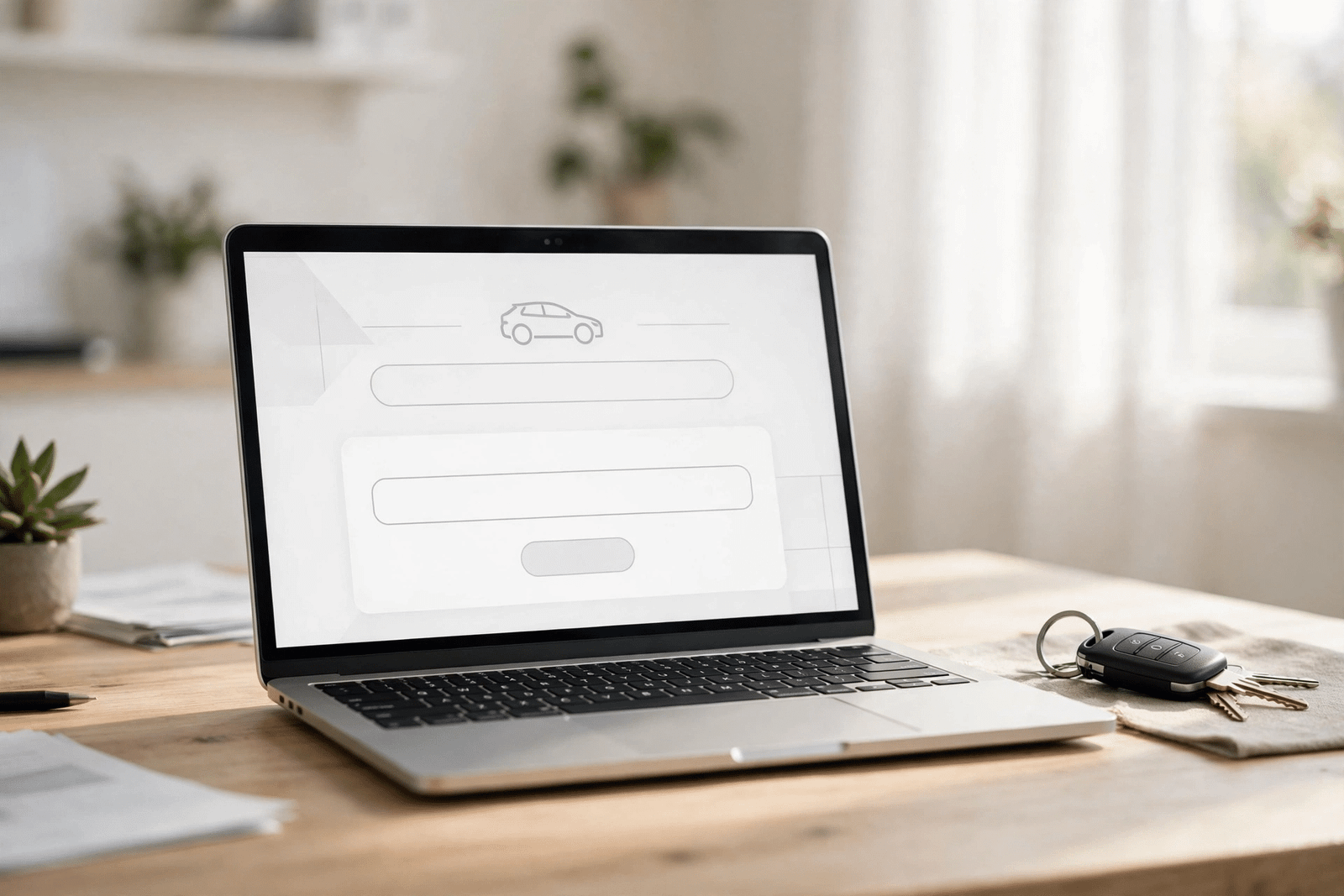 Laptop showing a vehicle MOT check website with car keys beside it on a desk