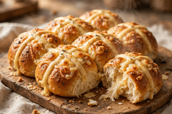 Golden cheese hot cross buns with melted cheese topping on a wooden bakery board, one torn open to show the soft centre