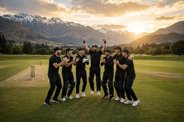 Cricket team in black uniforms celebrating a wicket on a New Zealand ground with mountains in the distance