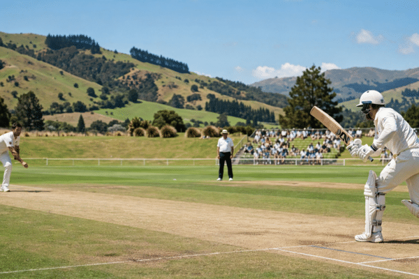 Test cricket match in a New Zealand stadium with a batsman playing a shot on a green outfield