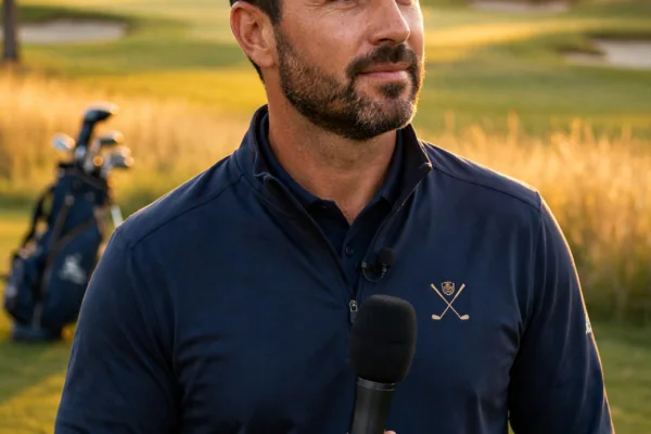 Professional golfer turned television presenter walking a golf course fairway at golden hour
