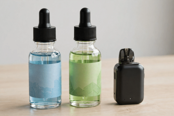 Two e-liquid bottles beside a small pod vape device on a clean desk in a neutral informational photo