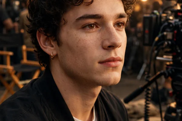 Young actor in portrait-style lighting on a television film set