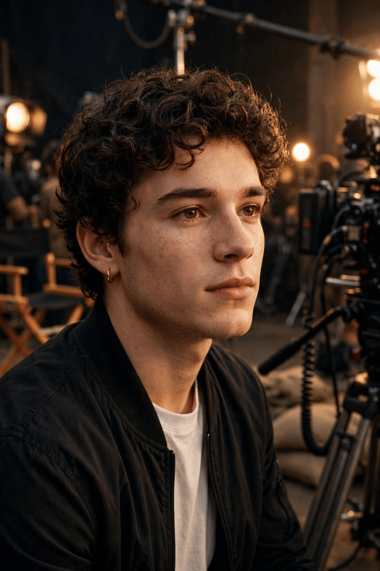 Young actor in portrait-style lighting on a television film set