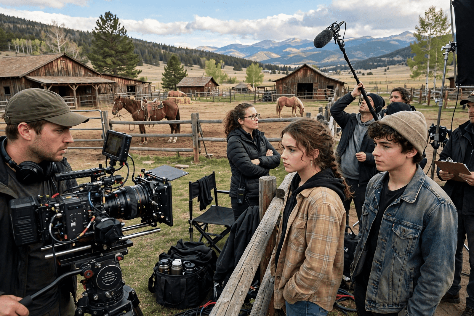 Teen drama filming scene at a ranch with horses in the Colorado countryside