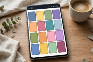Smartphone showing a colourful four-by-four word grouping puzzle grid on a desk with coffee