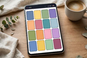 Smartphone showing a colourful four-by-four word grouping puzzle grid on a desk with coffee