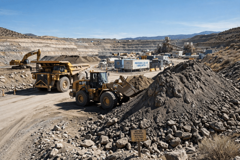 Rare earth mining operation with heavy machinery and mineral ore stockpiles under a clear sky