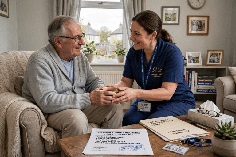 Professional carer helping a client at home, representing personal liability insurance towergate cover at work