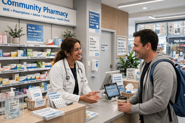 Friendly pharmacist helping a customer at the counter of a bright UK community pharmacy