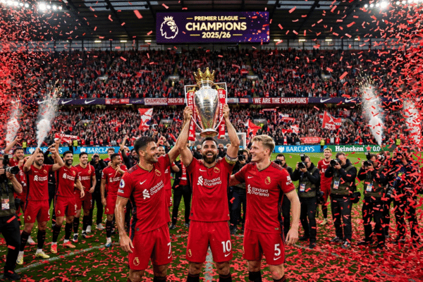 Packed football stadium celebrating a Premier League title win with red confetti and a trophy lift