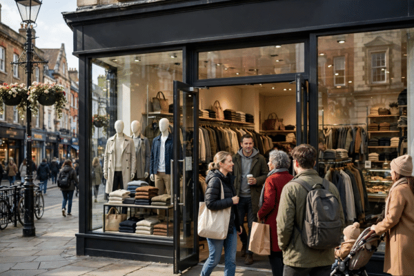UK high street clothing store front in the morning as shoppers arrive at opening time