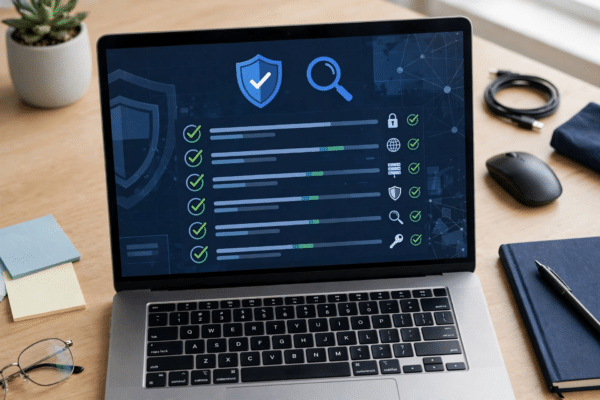 Laptop on a desk showing a website verification checklist with a magnifying glass and shield icon