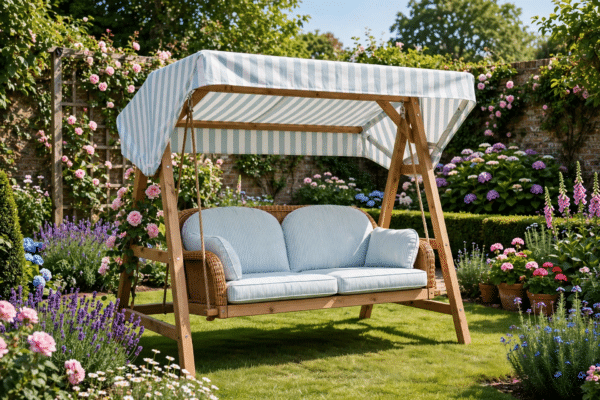 Garden swing seat with a fresh new fabric canopy in a sunny British garden