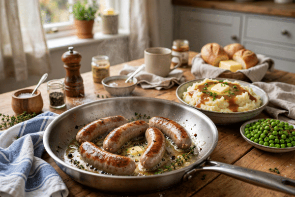 Richmond sausages cooking in a frying pan served with bangers and mash on a family kitchen table