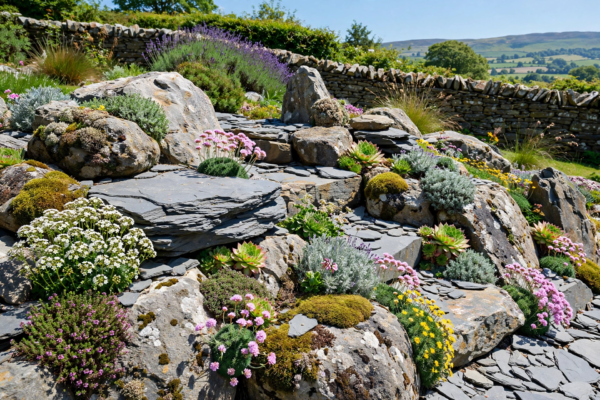 Beautiful UK garden rockery with large decorative stones and alpine plants in sunshine