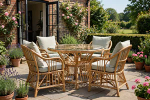 Round rattan table and chairs garden dining set with cushions on a sunny UK patio