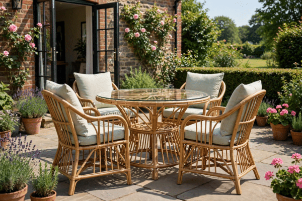 Round rattan table and chairs garden dining set with cushions on a sunny UK patio