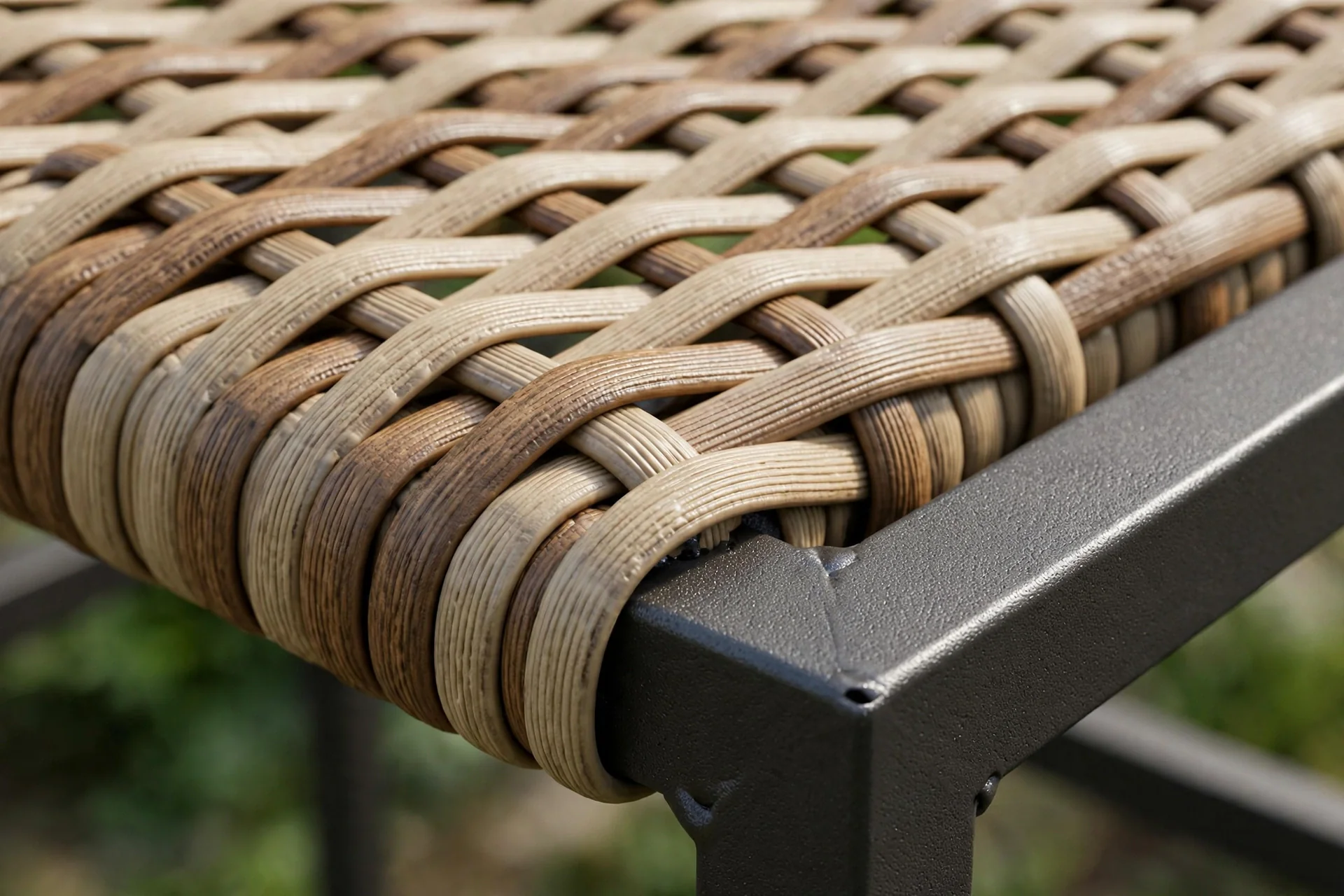 Close-up of synthetic rattan weave and frame showing weather-resistant garden furniture material