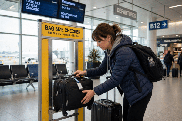 Passenger placing a small cabin bag into an airport bag size checker frame at a departure gate