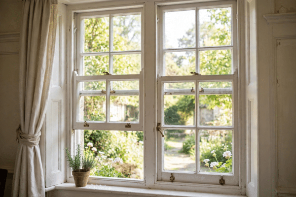 Traditional white timber sash window in a period home, half open on a bright morning