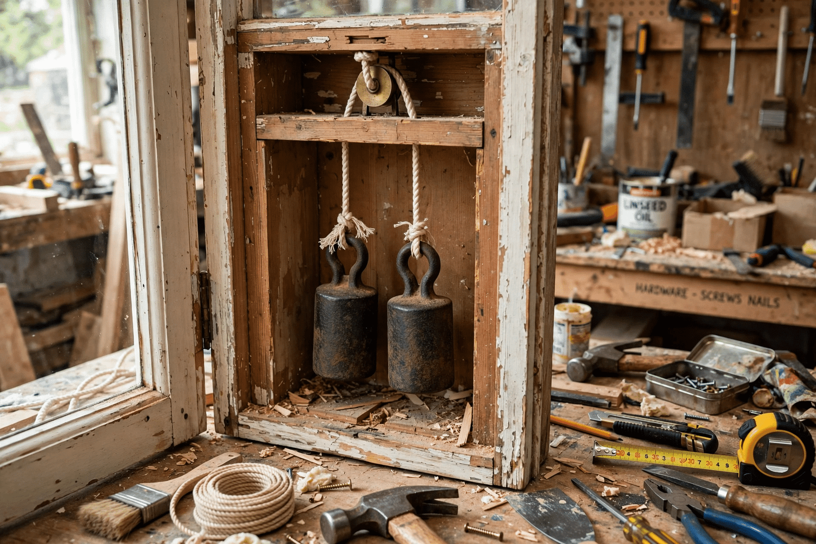Cast iron sash window counterweights and cords visible inside an opened sash box during repair