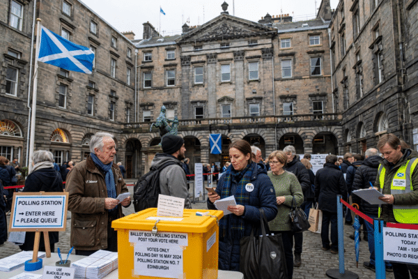 Voters at a Scottish polling station with a Saltire flag and ballot box in the foreground