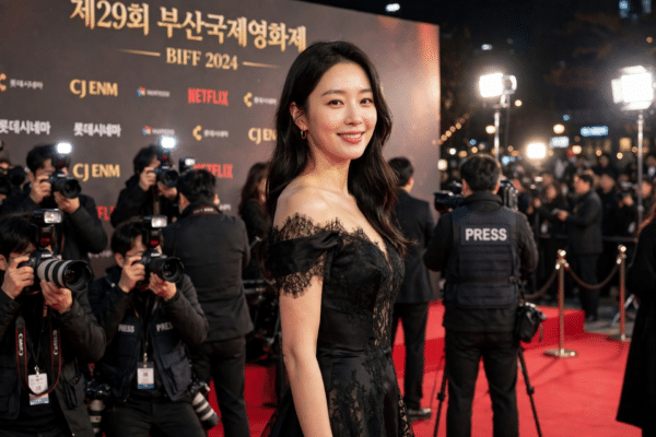 Elegant Korean actress in a black evening gown on the red carpet at a film premiere