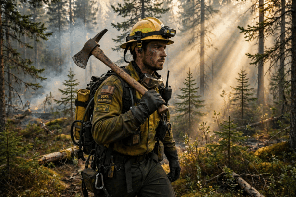 Wildland firefighter in protective gear carrying fire tools through a smoky northern forest