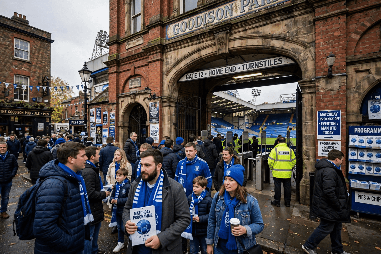 Supporters arriving at a historic English football stadium on matchday, blue seats visible inside