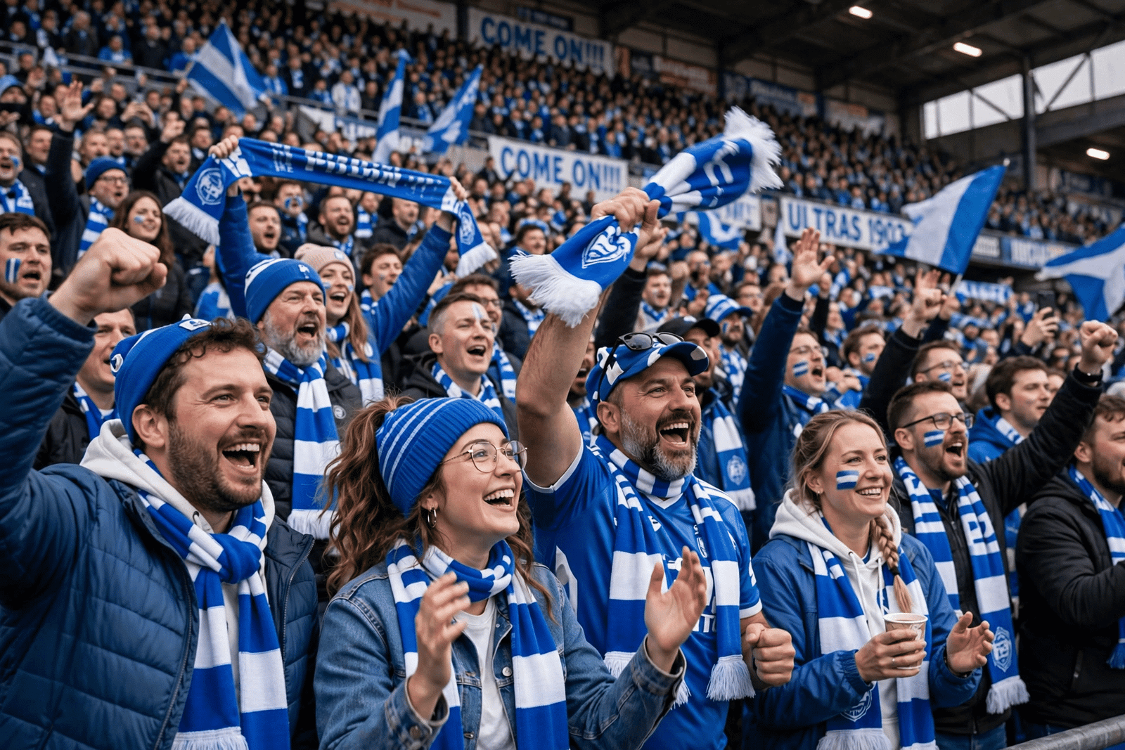 Football fans in blue and white scarves celebrating together in a stadium stand