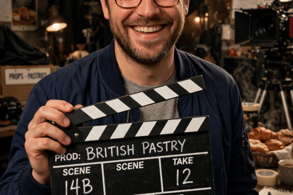 British comedy actor smiling on a film set with a clapperboard during a production break