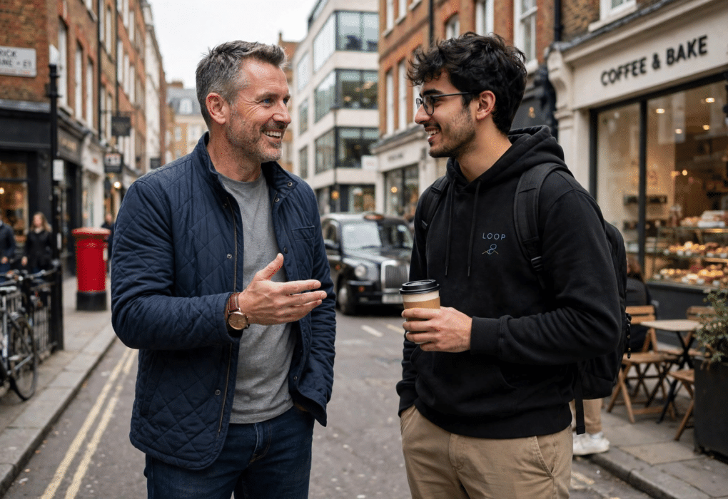 British entrepreneur in casual clothes talking with a young startup founder on a city street
