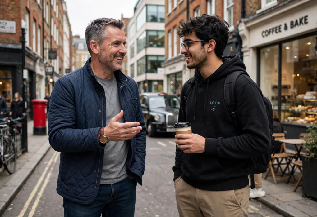 British entrepreneur in casual clothes talking with a young startup founder on a city street