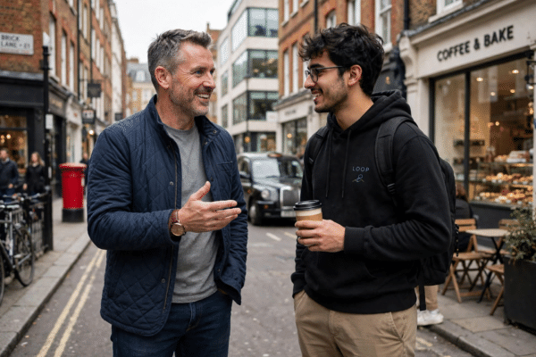British entrepreneur in casual clothes talking with a young startup founder on a city street