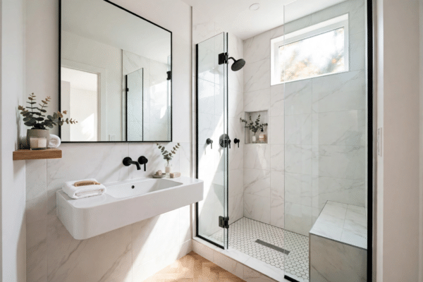 Bright modern small bathroom with a walk-in shower, wall-hung basin and large mirror making the space feel bigger