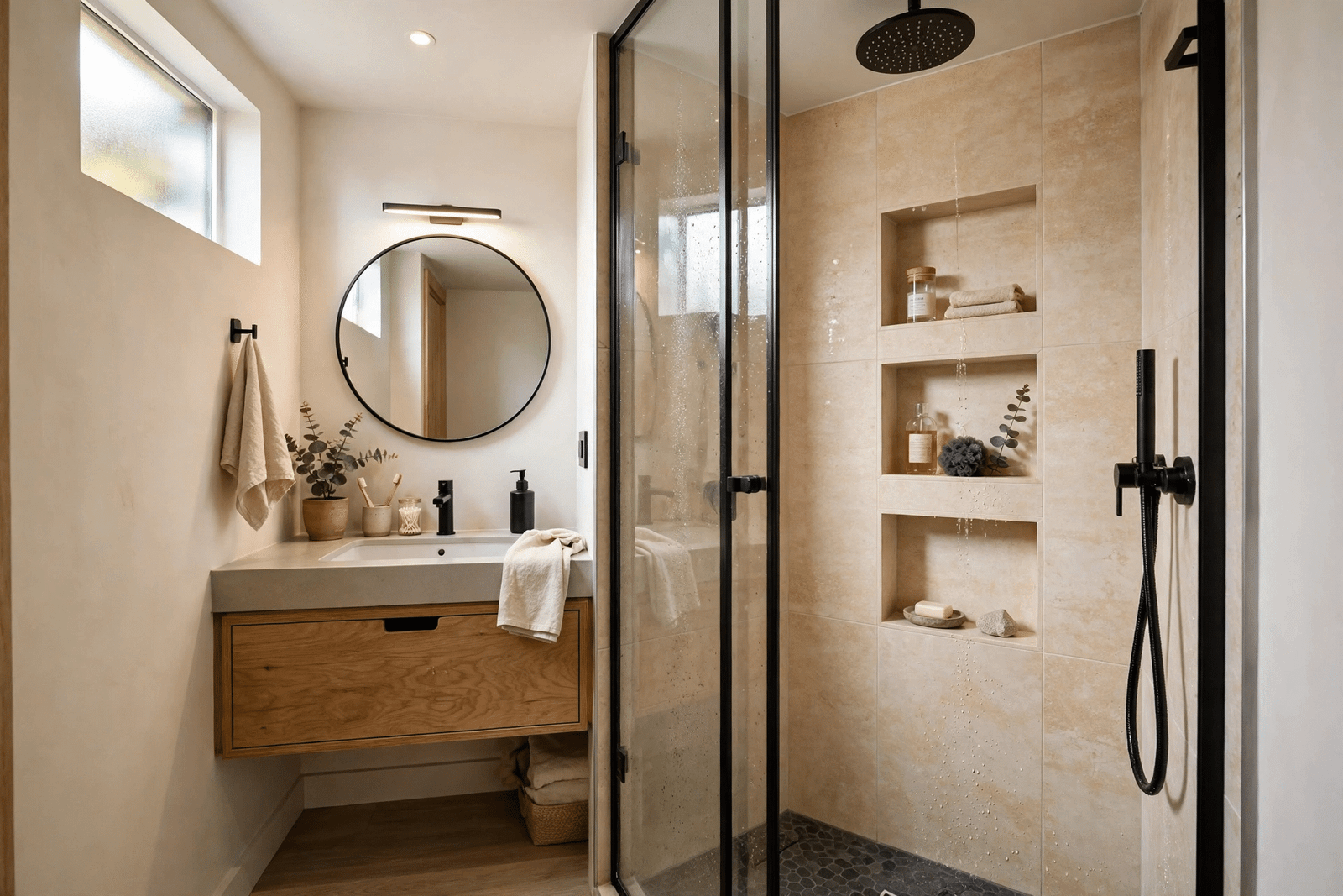 Compact bathroom with clever built-in storage niches and a floating vanity unit saving floor space