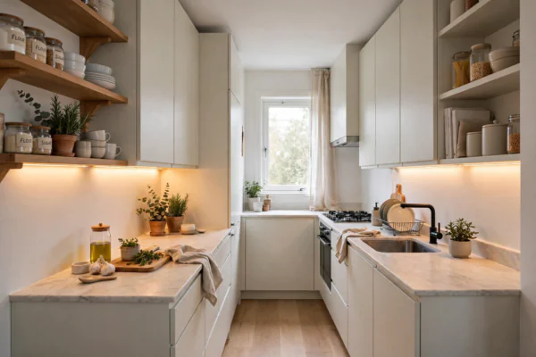 Bright small galley kitchen with light handleless cabinets, open shelving and under-cabinet lighting