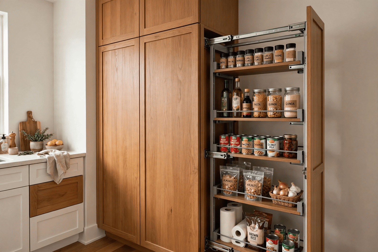 Small kitchen corner with pull-out pantry storage and tall cabinets reaching the ceiling