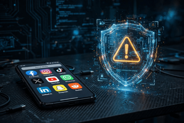 Smartphone showing social media app icons beside a digital warning shield symbol about unofficial apps