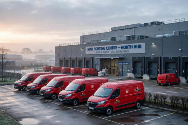 Large Royal Mail sorting centre with red delivery vans parked outside in the early morning