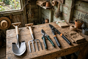Well-kept Spear and Jackson style garden tools including a spade, fork, shears and loppers arranged on a workbench