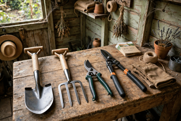Well-kept Spear and Jackson style garden tools including a spade, fork, shears and loppers arranged on a workbench
