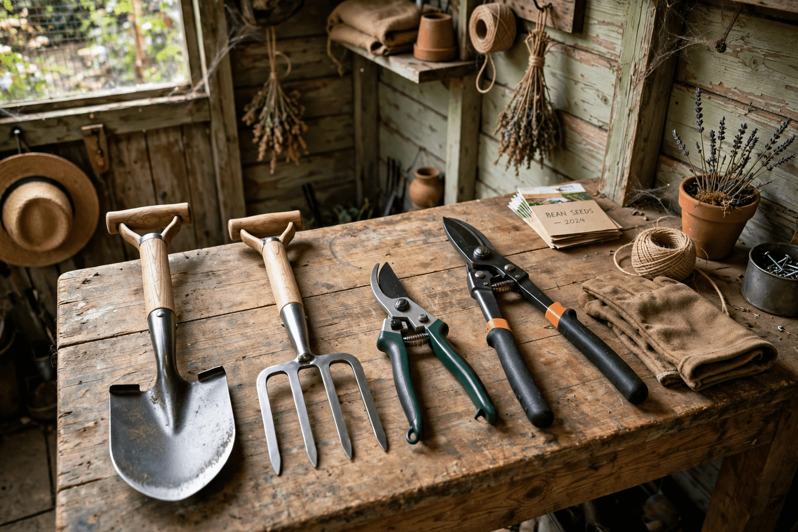 Well-kept Spear and Jackson style garden tools including a spade, fork, shears and loppers arranged on a workbench