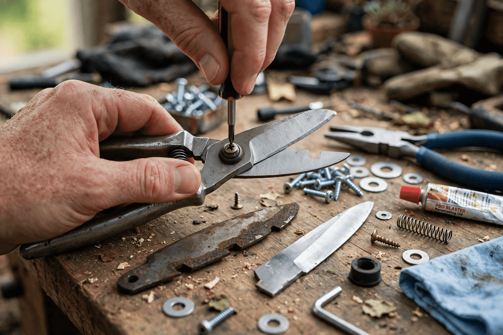 Hands replacing a worn blade on garden shears using spare parts laid out on a workbench