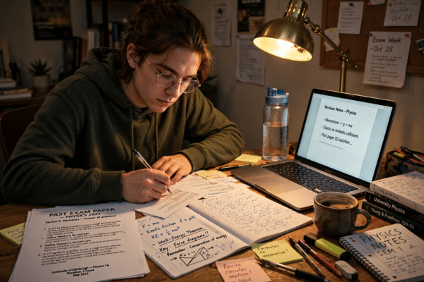 Student revising at a desk with printed SQA past exam papers, handwritten notes and a laptop